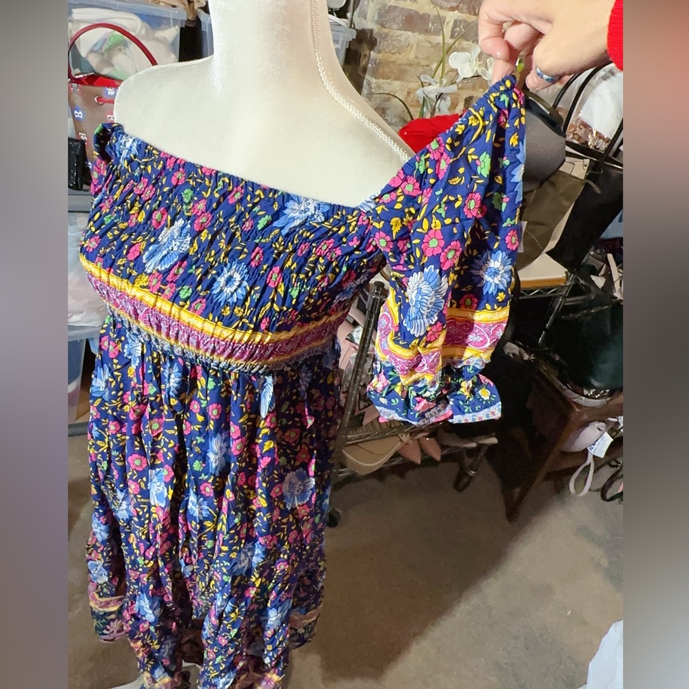 Uimlk open shoulder blue pink floral short trumpet sleeve stretchy chest & waist